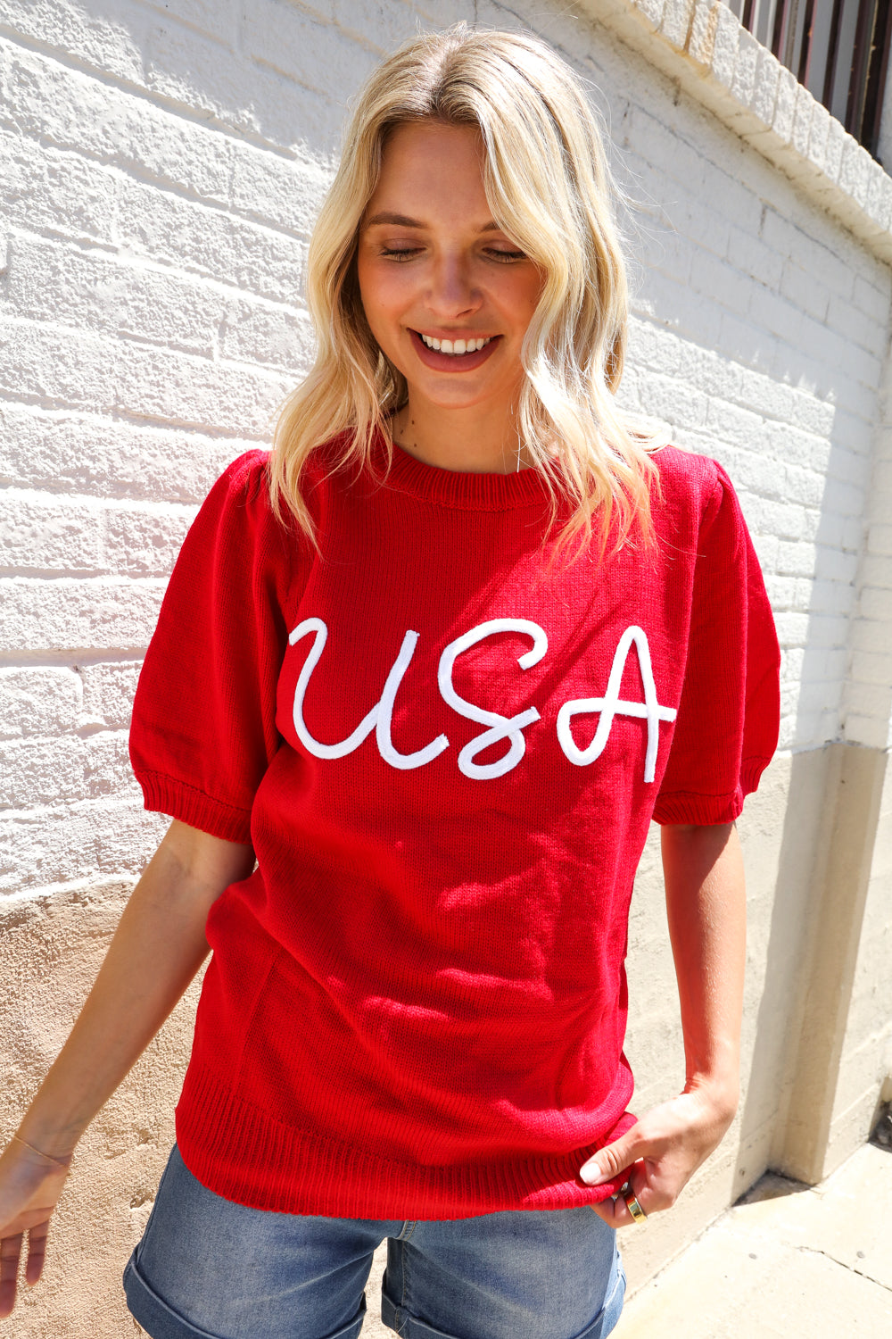 Patriotic USA Red Knit Embroidery Puff Sleeve Sweater Top (Open Pack)
