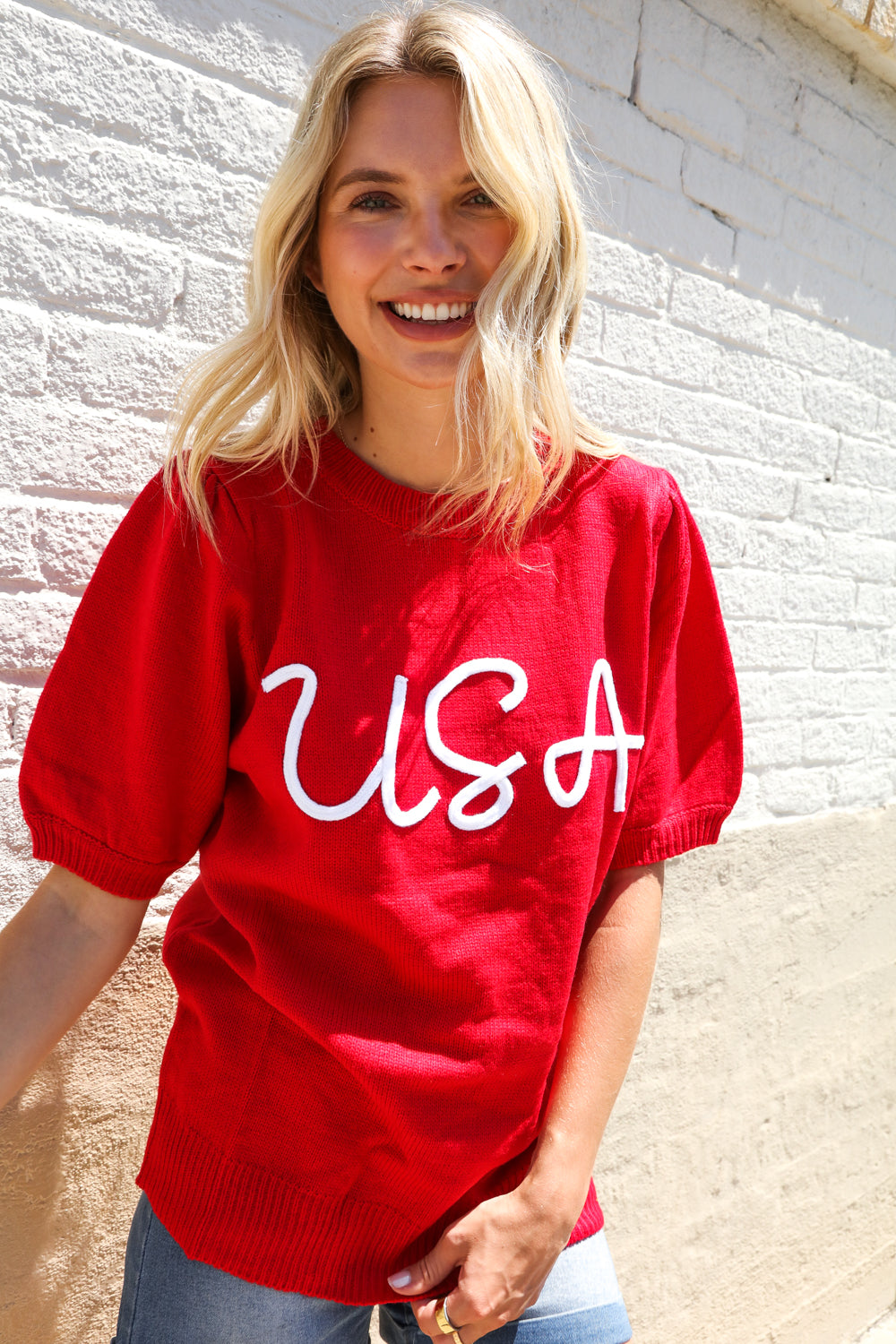 Patriotic USA Red Knit Embroidery Puff Sleeve Sweater Top (Open Pack)