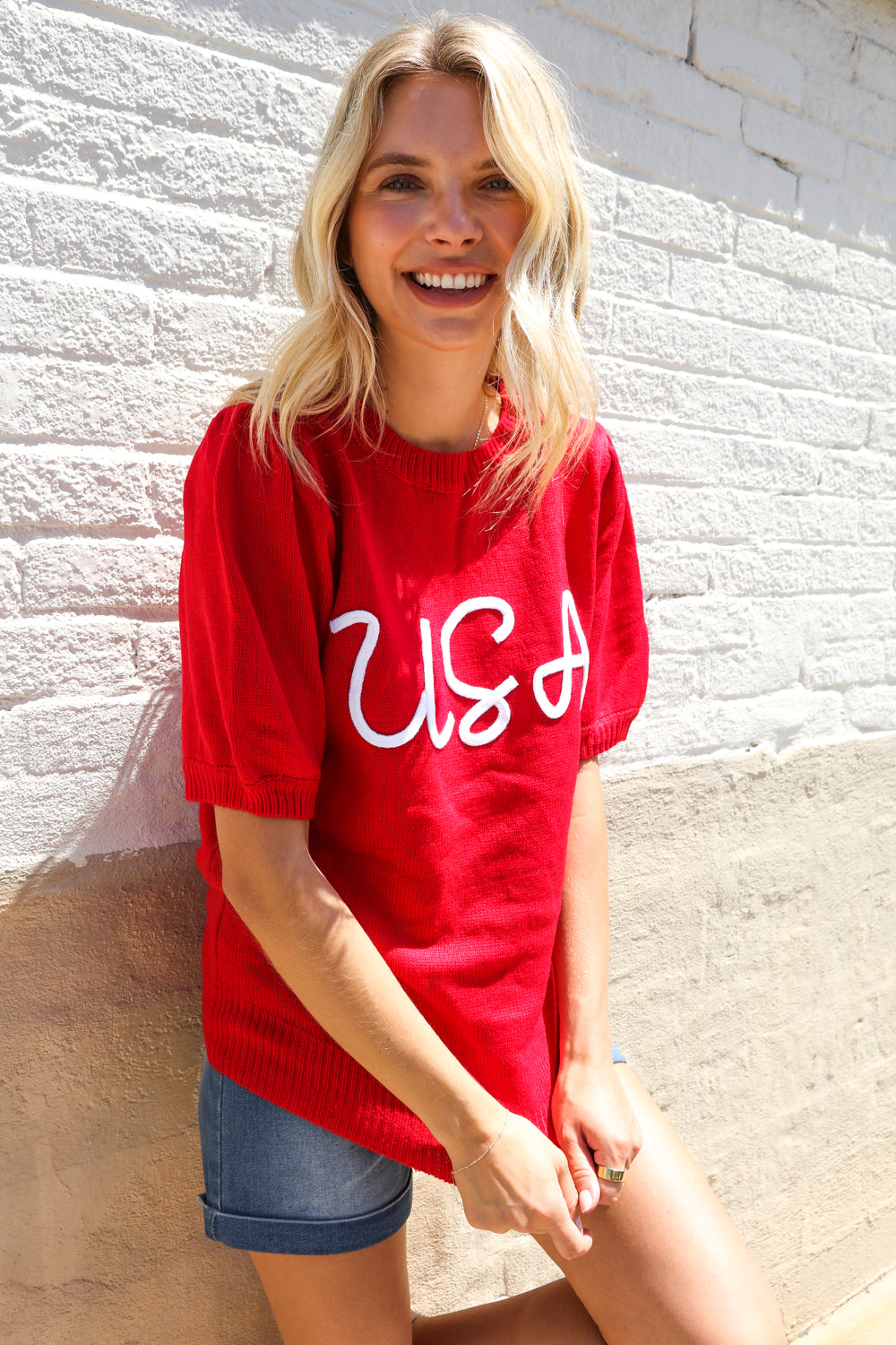 Patriotic USA Red Knit Embroidery Puff Sleeve Sweater Top (Open Pack)