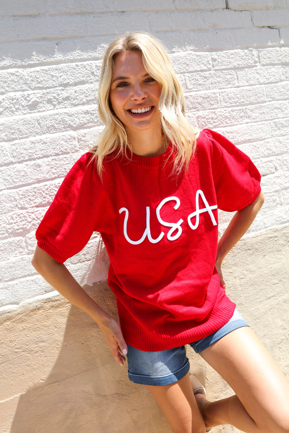 Patriotic USA Red Knit Embroidery Puff Sleeve Sweater Top (Open Pack)