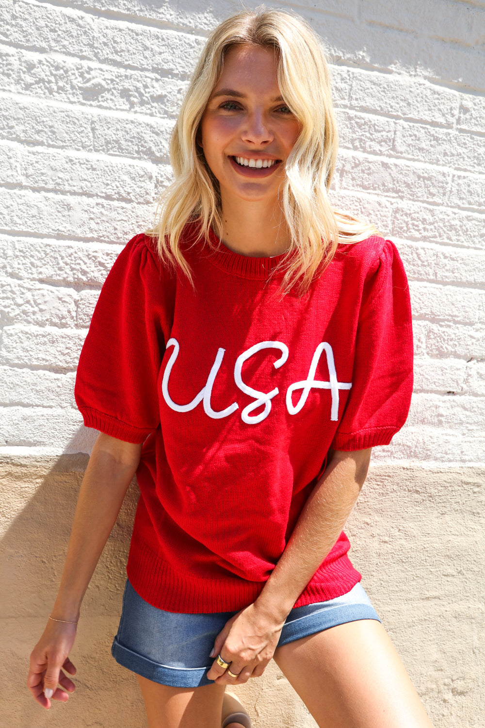 Patriotic USA Red Knit Embroidery Puff Sleeve Sweater Top (Open Pack)