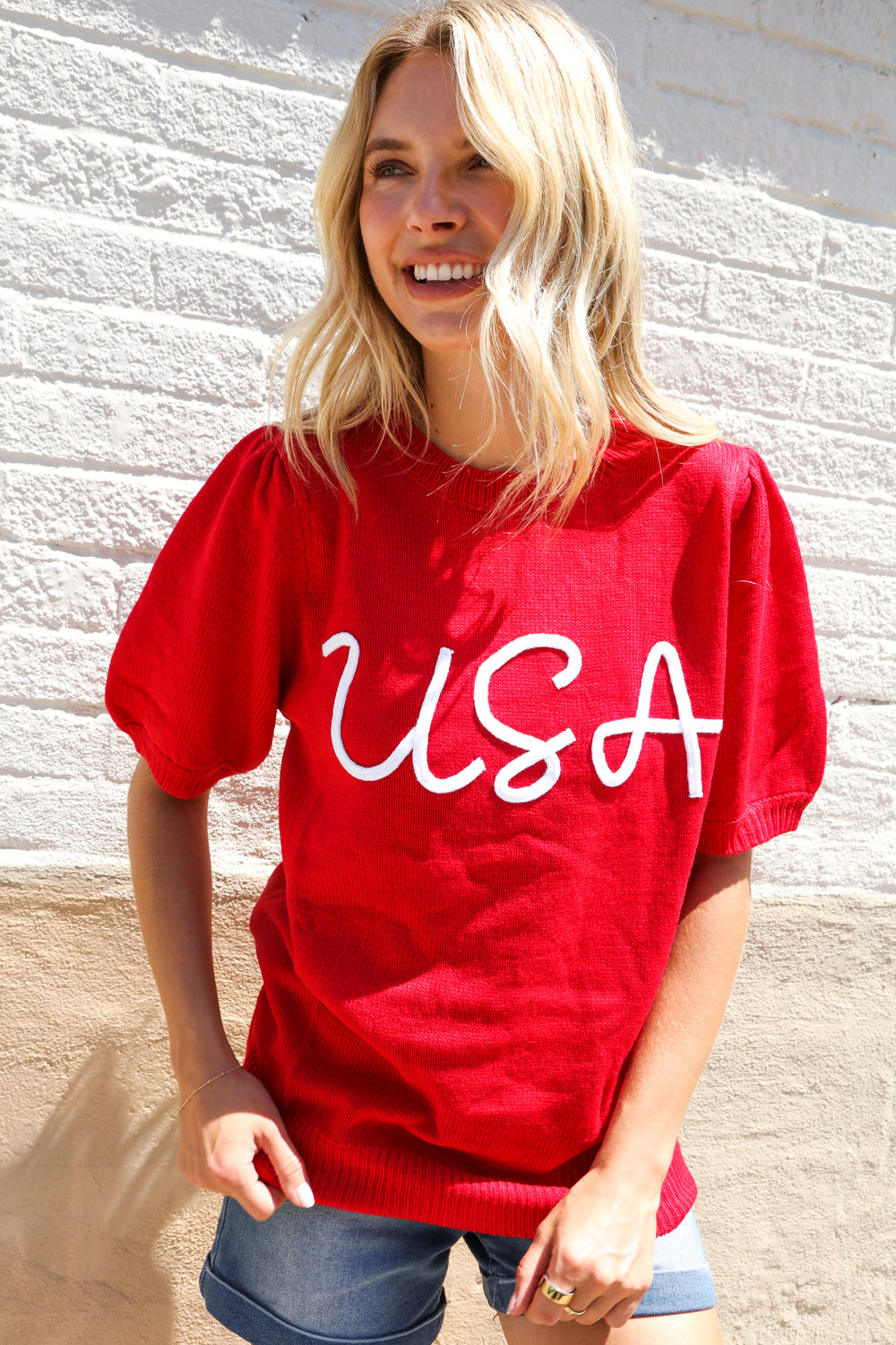 Patriotic USA Red Knit Embroidery Puff Sleeve Sweater Top (Open Pack)