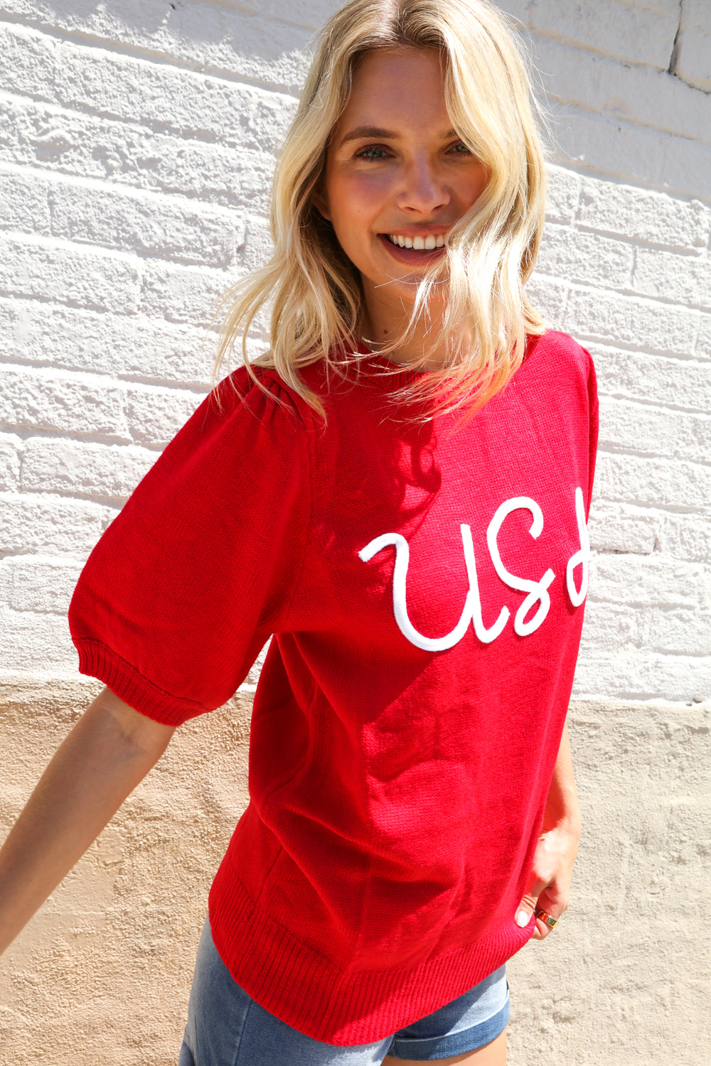 Patriotic USA Red Knit Embroidery Puff Sleeve Sweater Top (Open Pack)