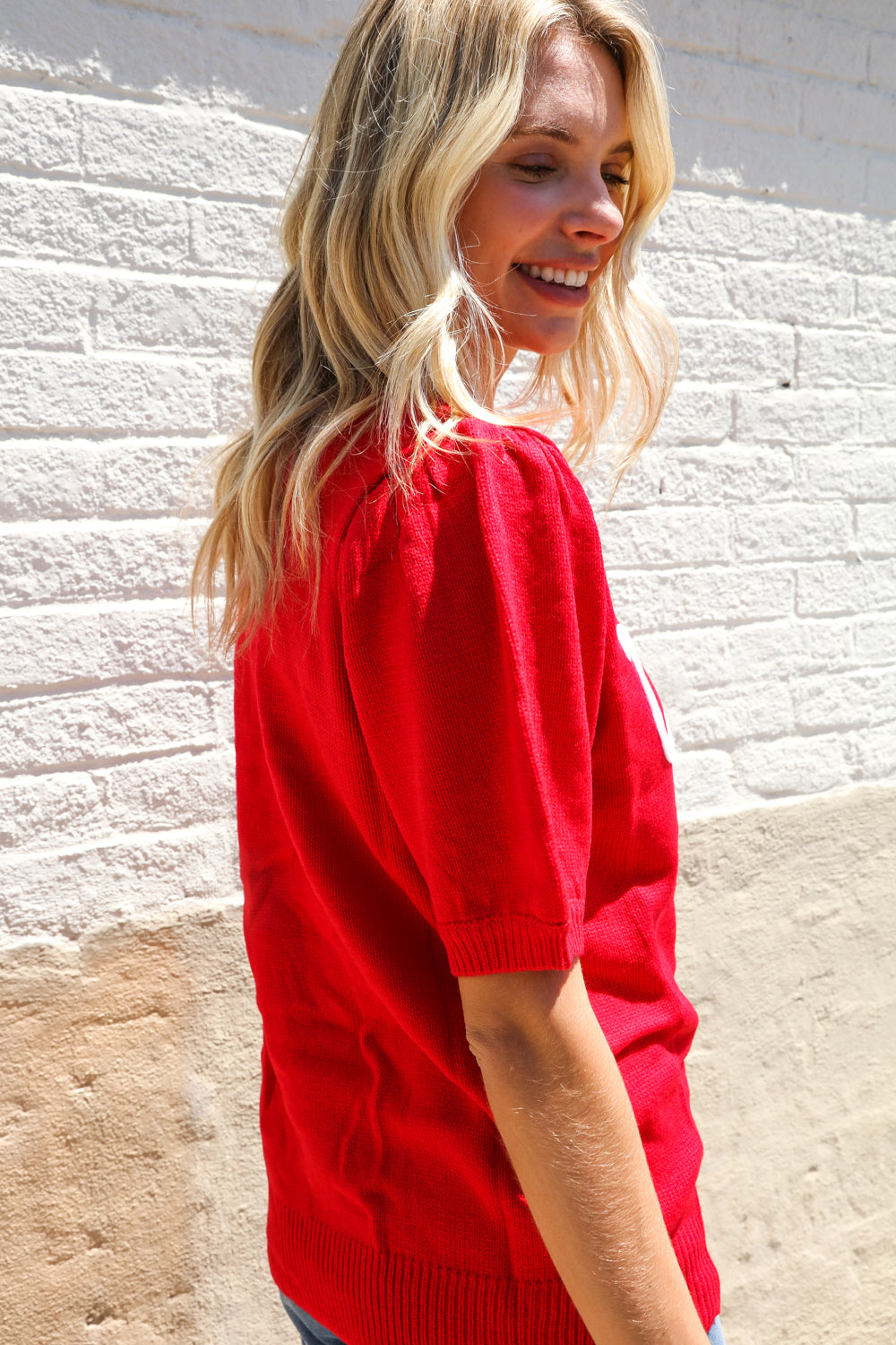 Patriotic USA Red Knit Embroidery Puff Sleeve Sweater Top (Open Pack)