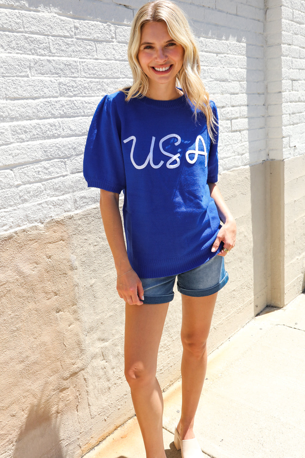 Patriotic USA Blue Knit Embroidery Puff Sleeve Sweater Top (Open Pack)