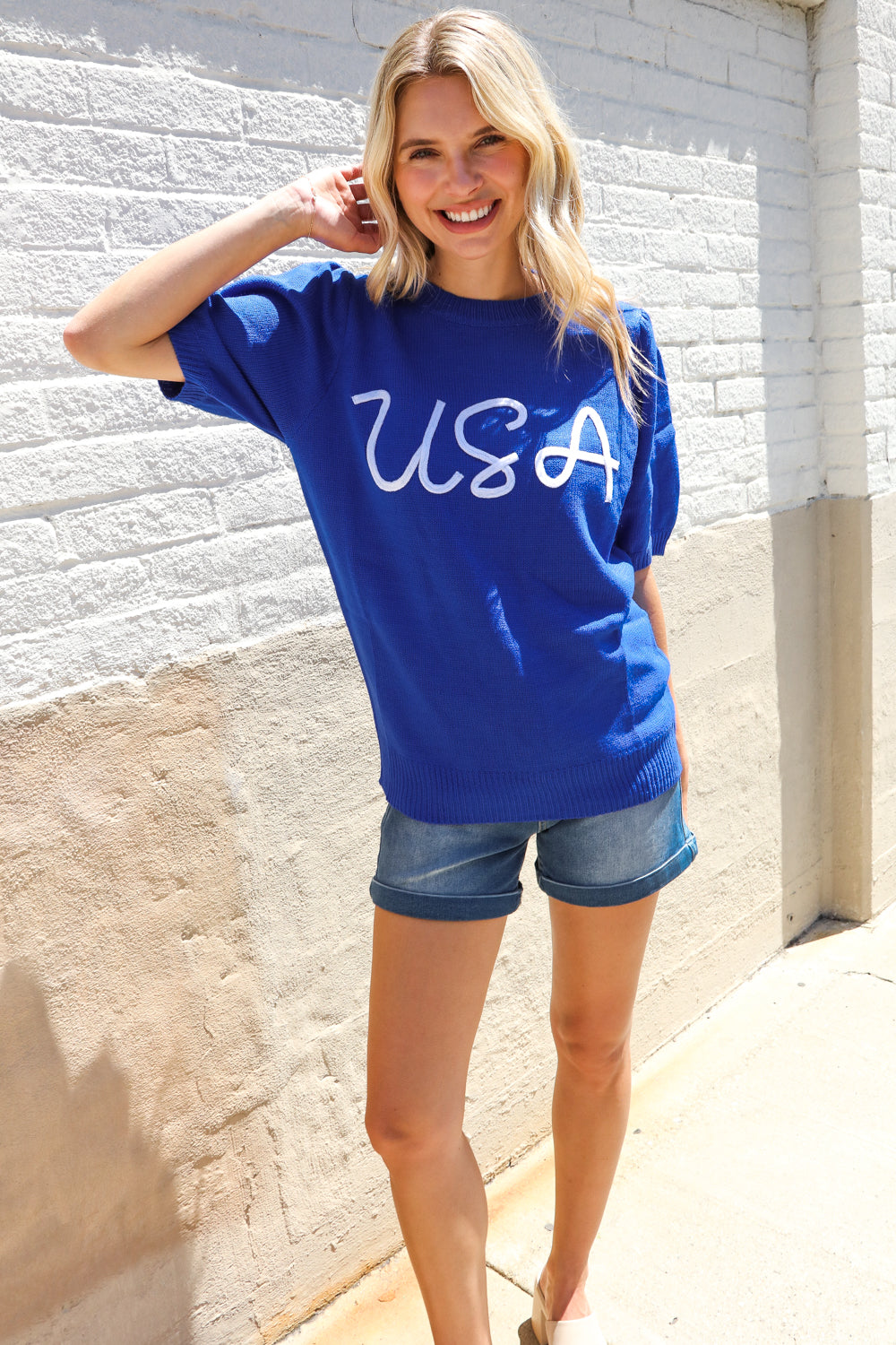Patriotic USA Blue Knit Embroidery Puff Sleeve Sweater Top (Open Pack)