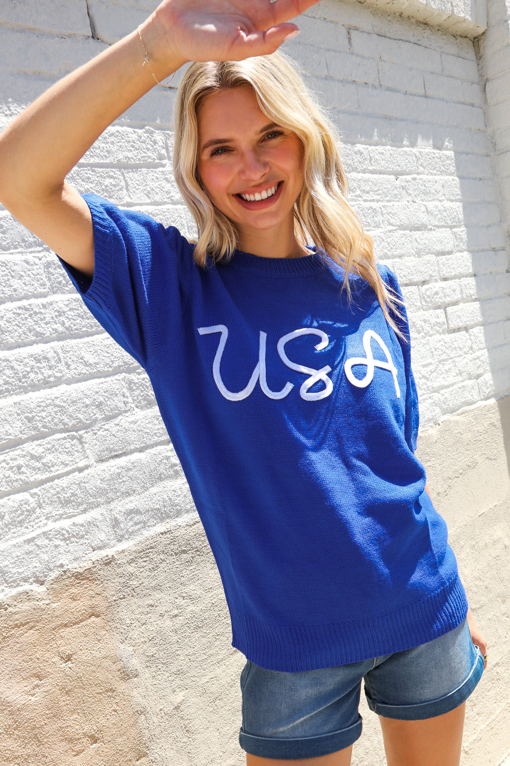 Patriotic USA Blue Knit Embroidery Puff Sleeve Sweater Top (Open Pack)