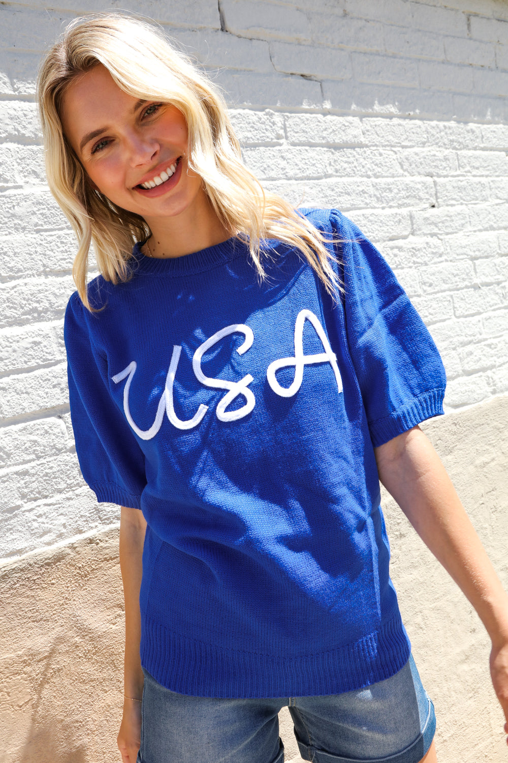 Patriotic USA Blue Knit Embroidery Puff Sleeve Sweater Top (Open Pack)
