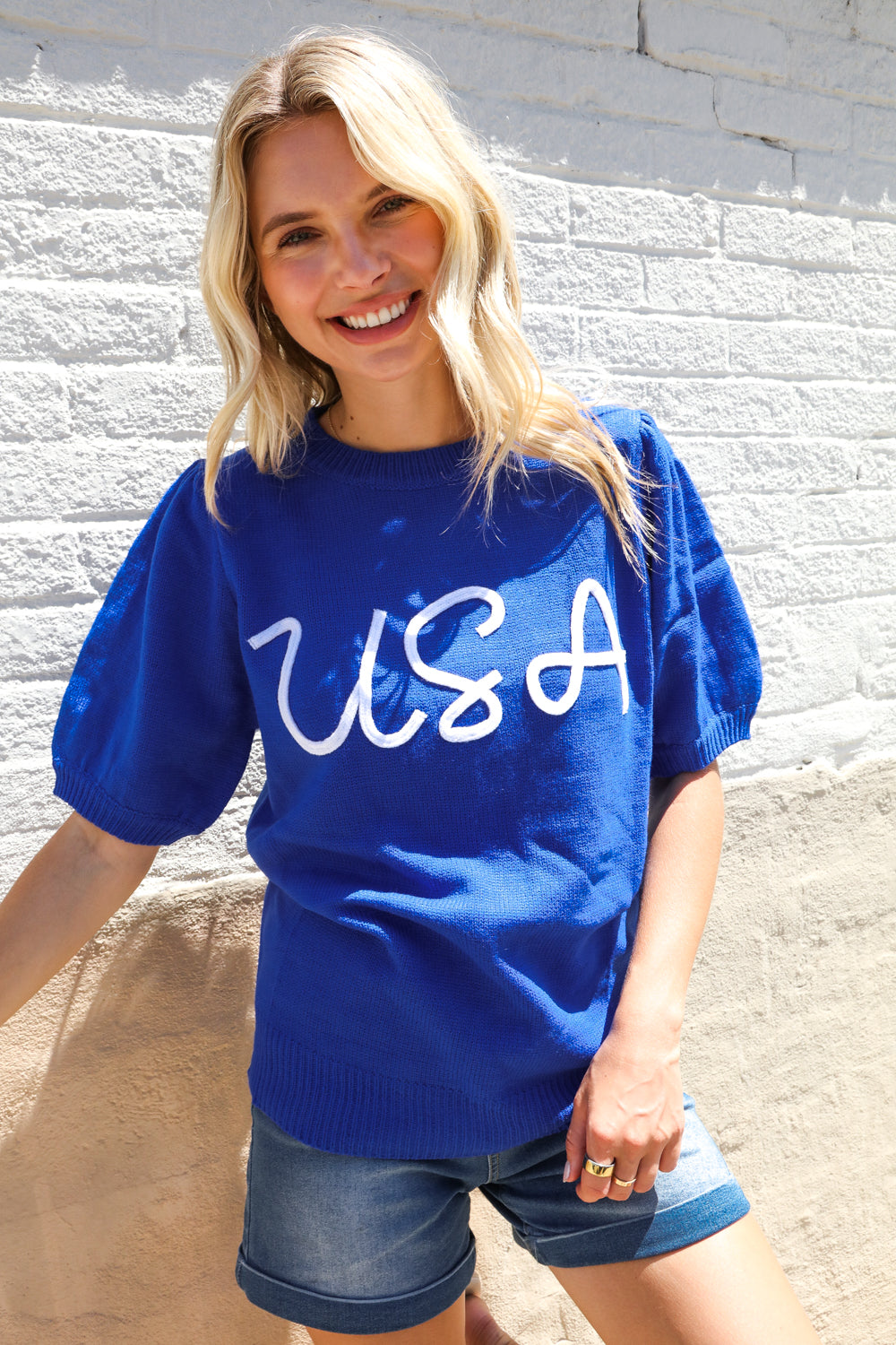 Patriotic USA Blue Knit Embroidery Puff Sleeve Sweater Top (Open Pack)