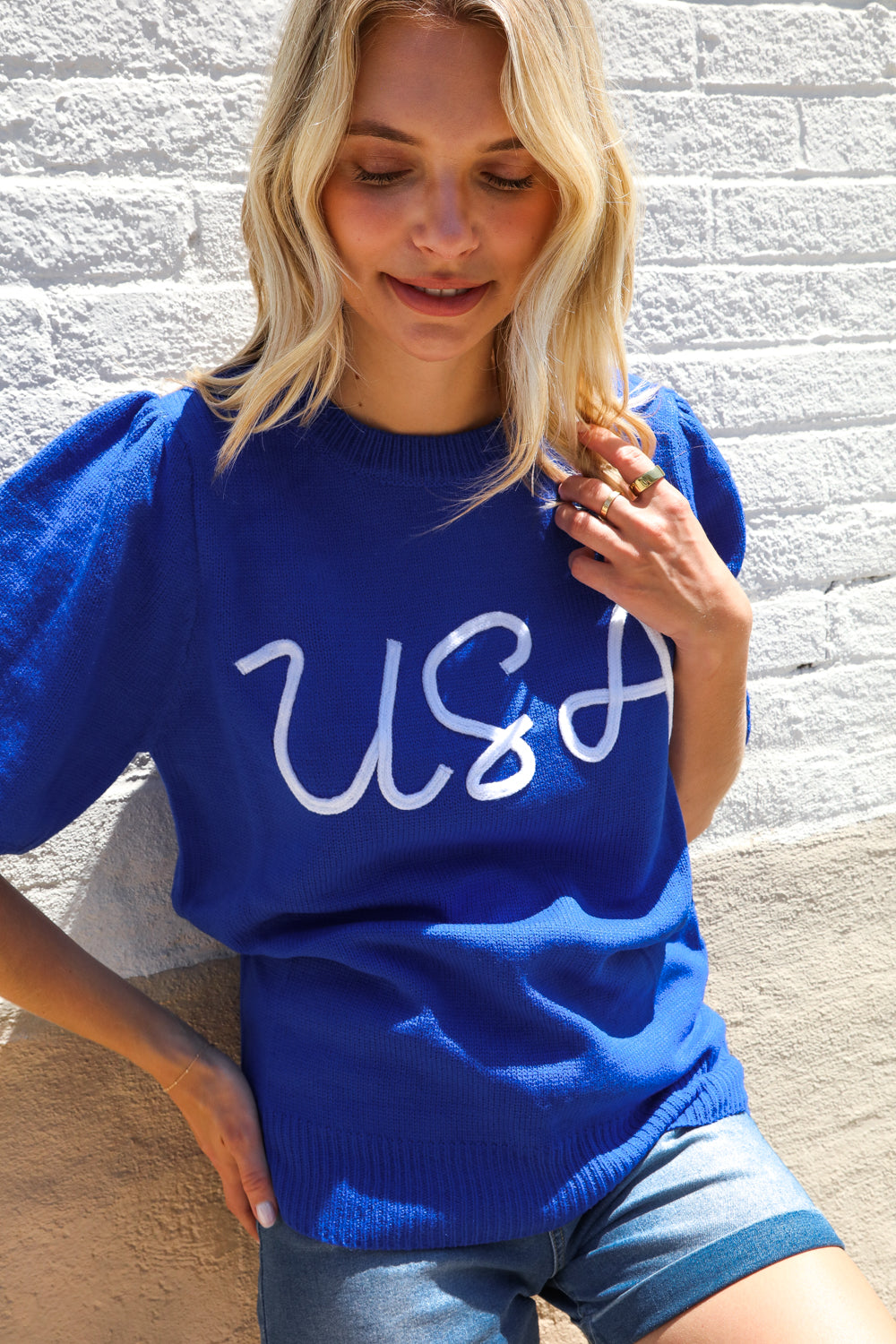 Patriotic USA Blue Knit Embroidery Puff Sleeve Sweater Top (Open Pack)