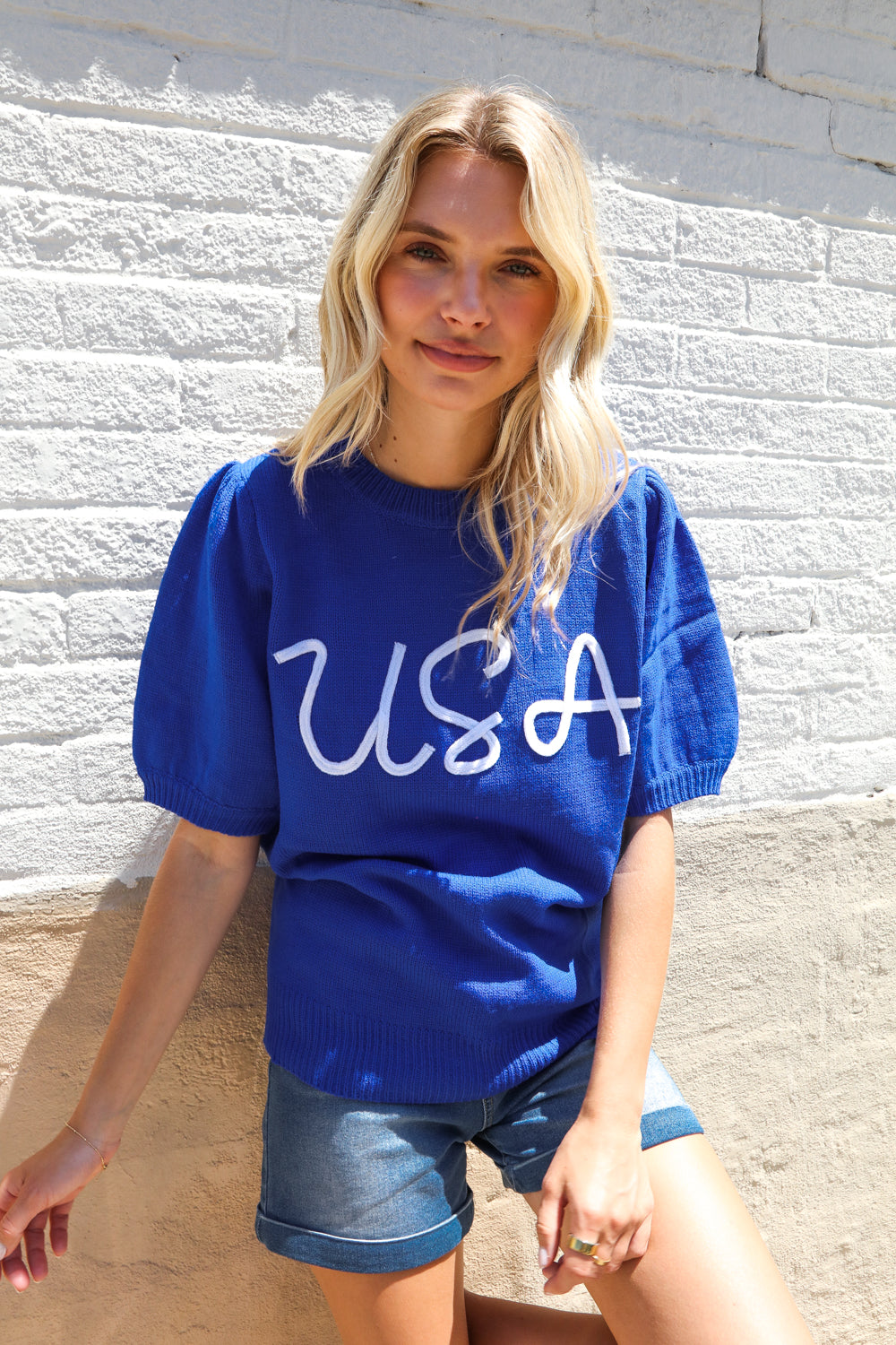 Patriotic USA Blue Knit Embroidery Puff Sleeve Sweater Top (Open Pack)