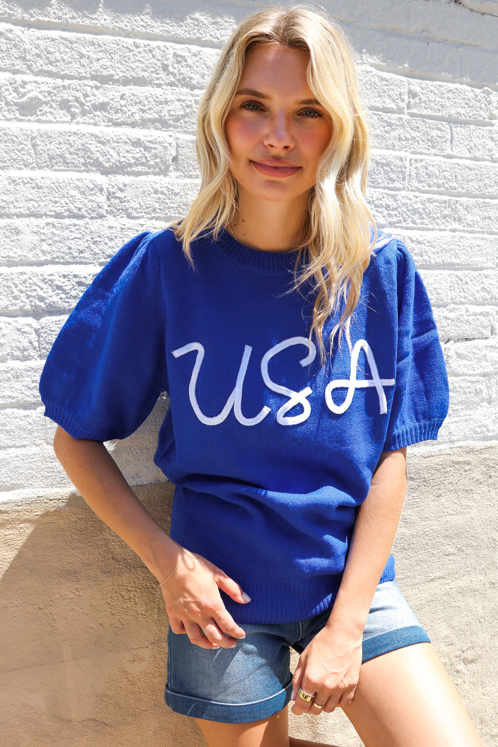 Patriotic USA Blue Knit Embroidery Puff Sleeve Sweater Top (Open Pack)