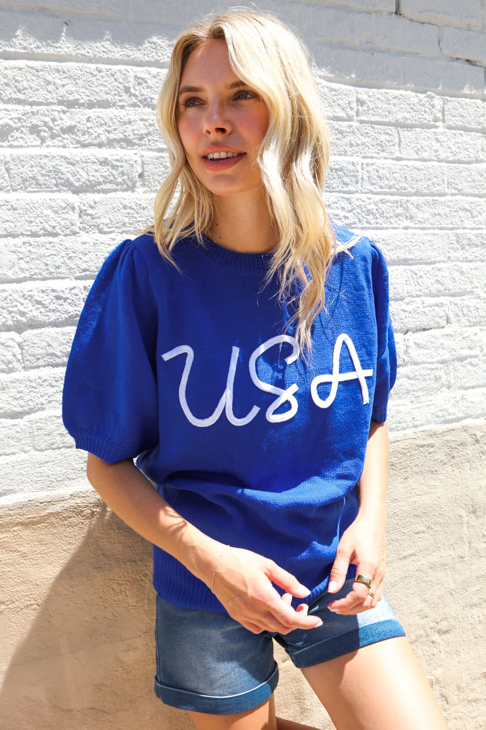 Patriotic USA Blue Knit Embroidery Puff Sleeve Sweater Top (Open Pack)