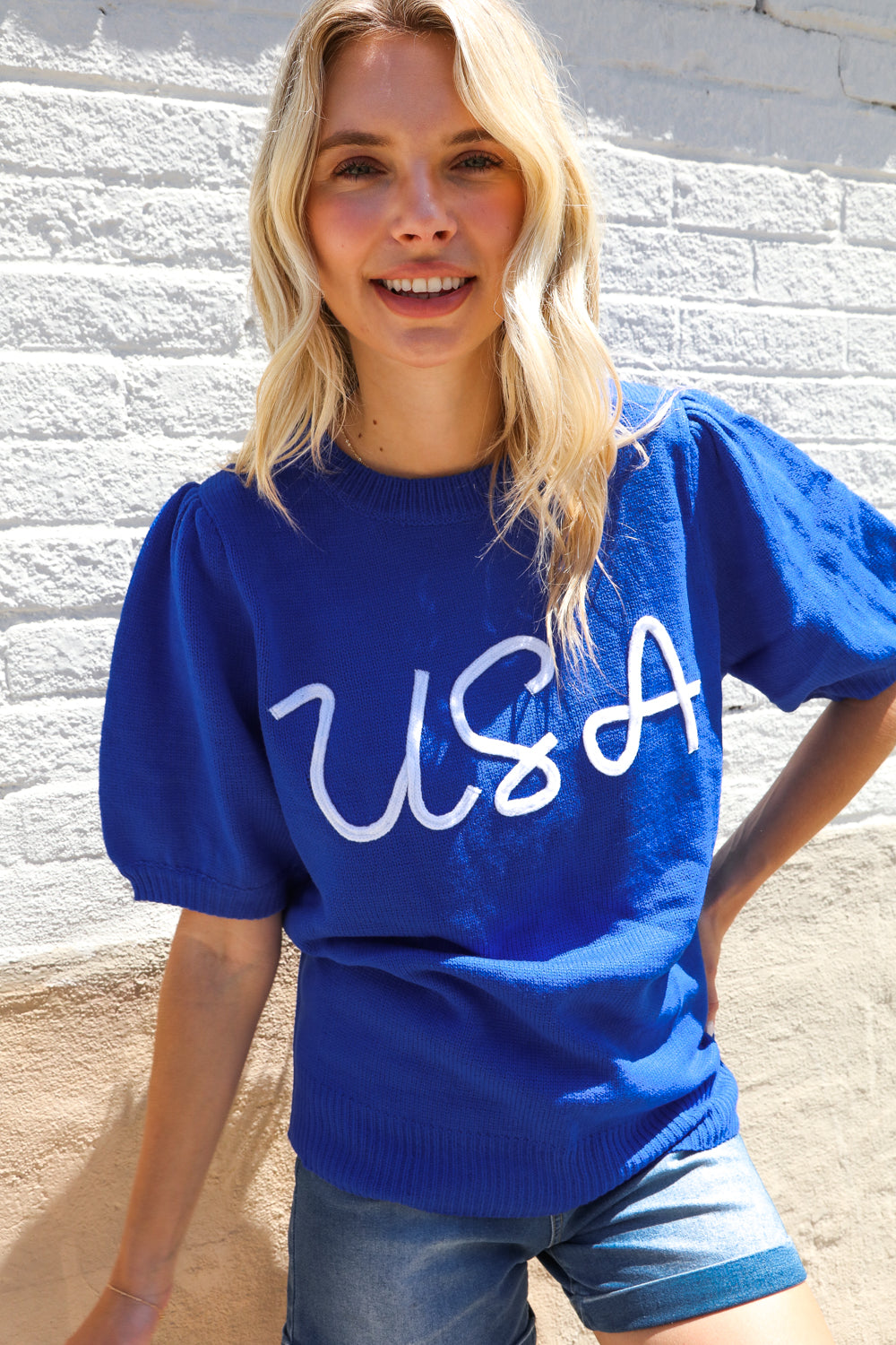 Patriotic USA Blue Knit Embroidery Puff Sleeve Sweater Top (Open Pack)