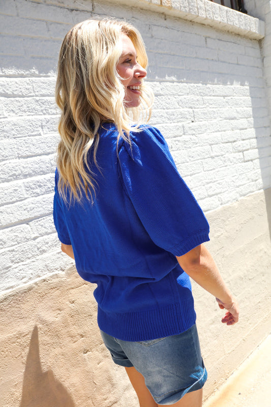 Patriotic USA Blue Knit Embroidery Puff Sleeve Sweater Top (Open Pack)