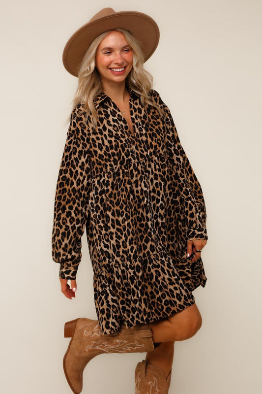 BABYDOLL LEOPARD PRINT MIDI WOVEN DRESS