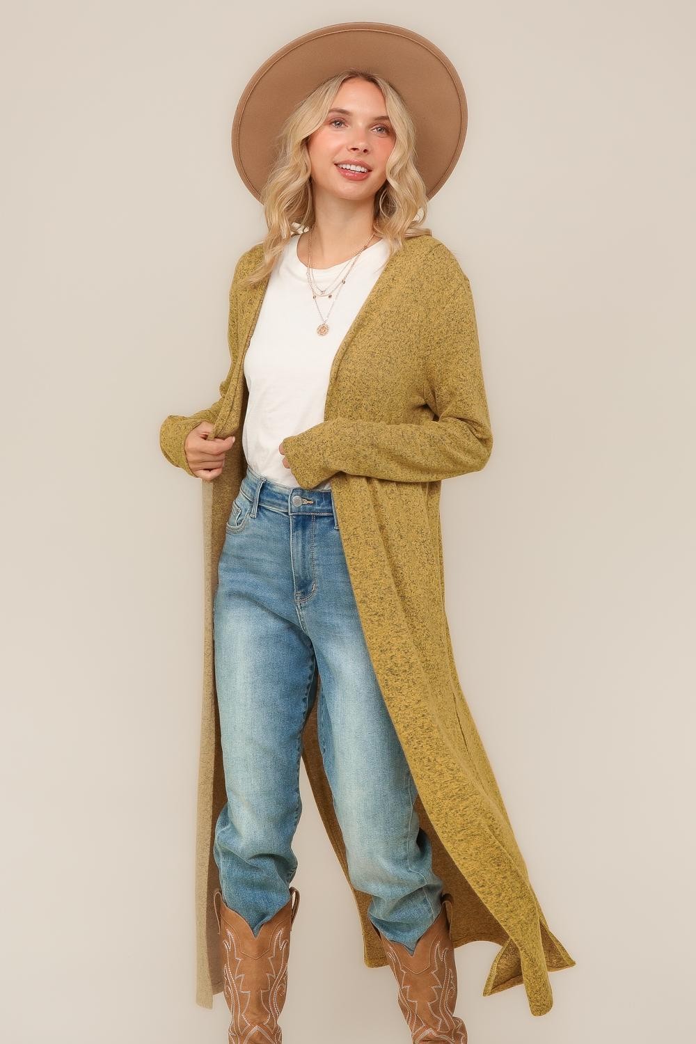 TWO TONE HACCI OPEN CARDIGAN WITH SIDE SLITS