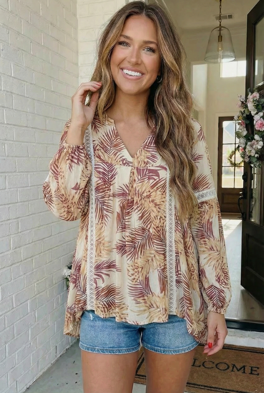 Coral Crochet Tropic Print Blouse