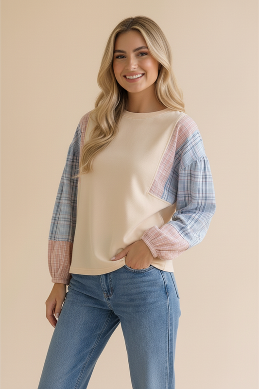 OATMEAL SOLID PULLOVER KNIT TOP W/ PLAID SLEEVES