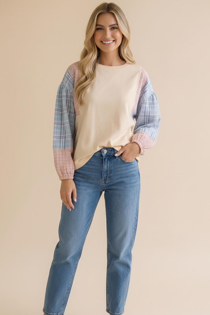 OATMEAL SOLID PULLOVER KNIT TOP W/ PLAID SLEEVES