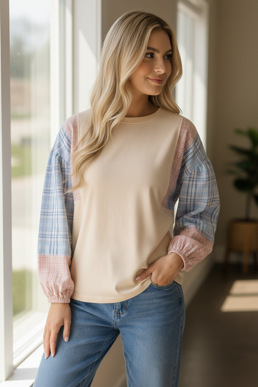 OATMEAL SOLID PULLOVER KNIT TOP W/ PLAID SLEEVES