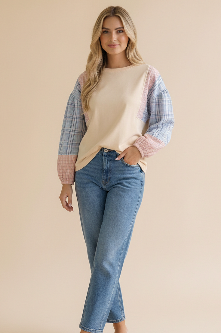 OATMEAL SOLID PULLOVER KNIT TOP W/ PLAID SLEEVES