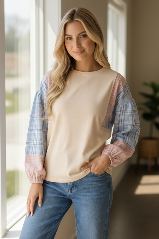 OATMEAL SOLID PULLOVER KNIT TOP W/ PLAID SLEEVES
