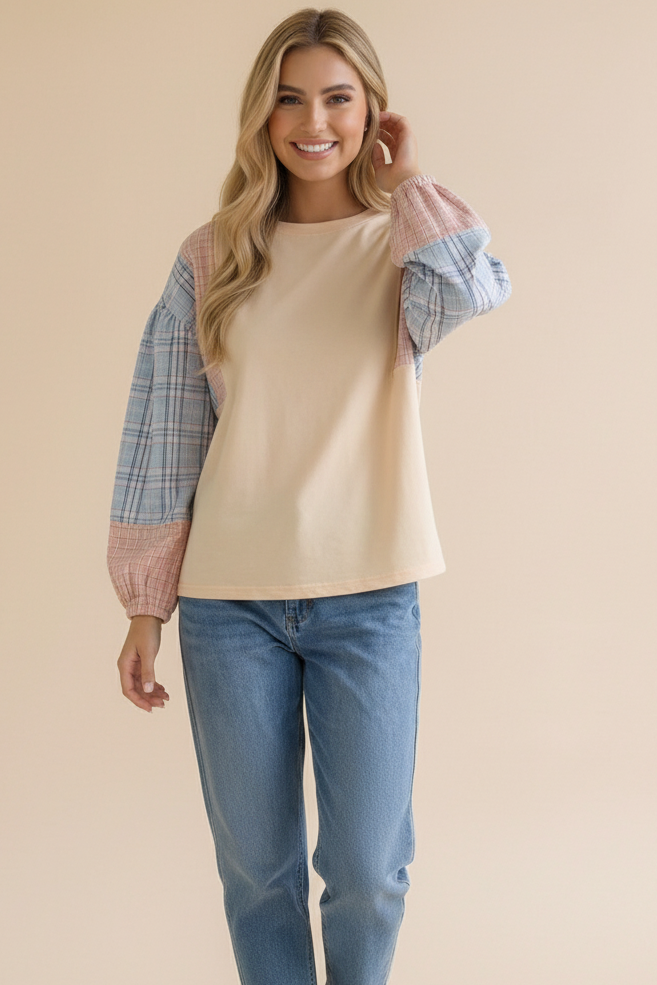 OATMEAL SOLID PULLOVER KNIT TOP W/ PLAID SLEEVES