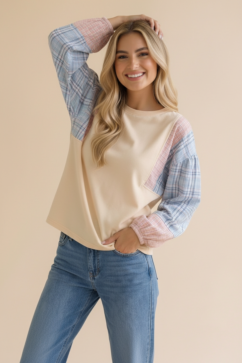 OATMEAL SOLID PULLOVER KNIT TOP W/ PLAID SLEEVES