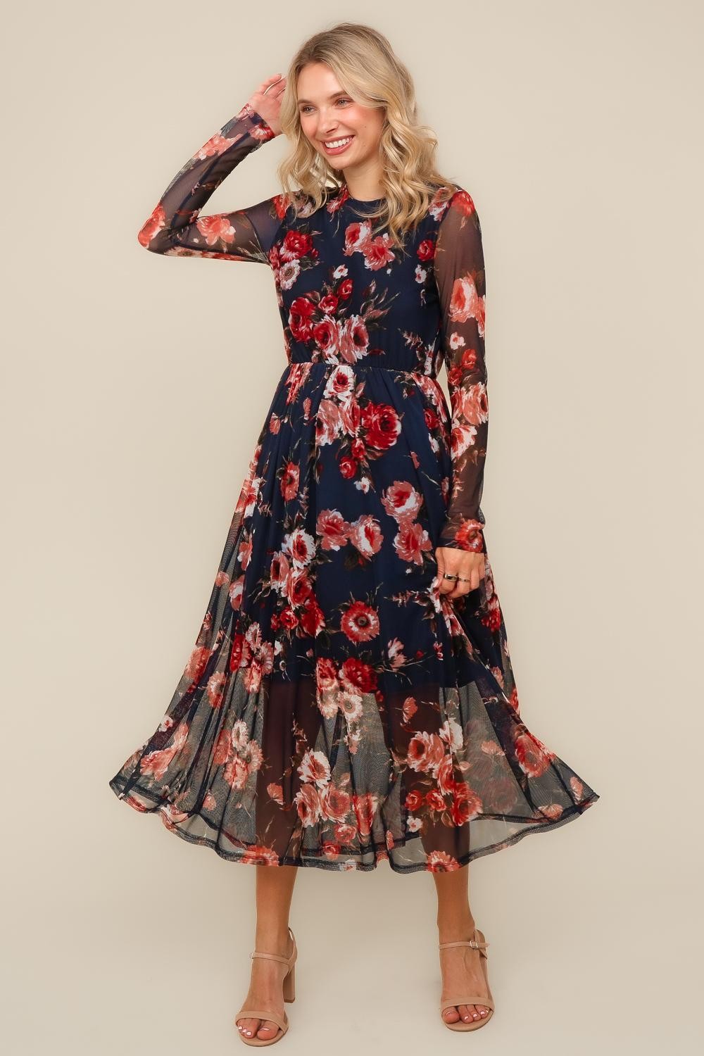 PLUS MIDI SEMI SHEER MESH WITH BACK NECK BUTTON