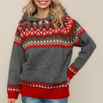 JACQUARD PULLOVER SWEATER KNIT TOP WITH HOODIE