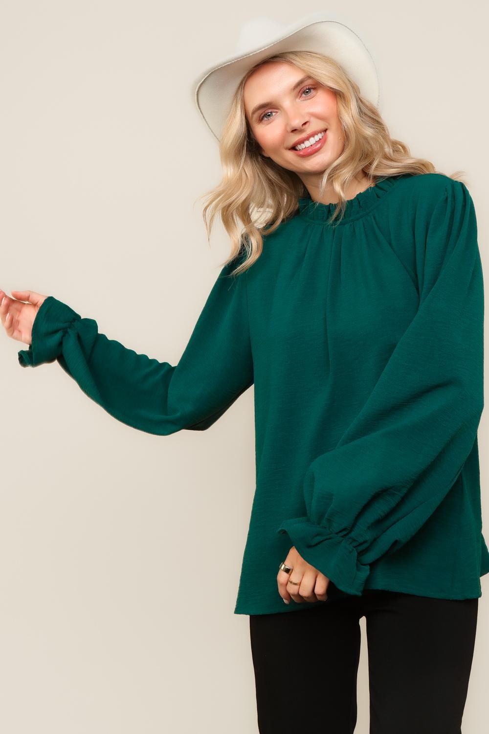 MOCK NECK BUBBLE LONG SLEEVE WOVEN TOP