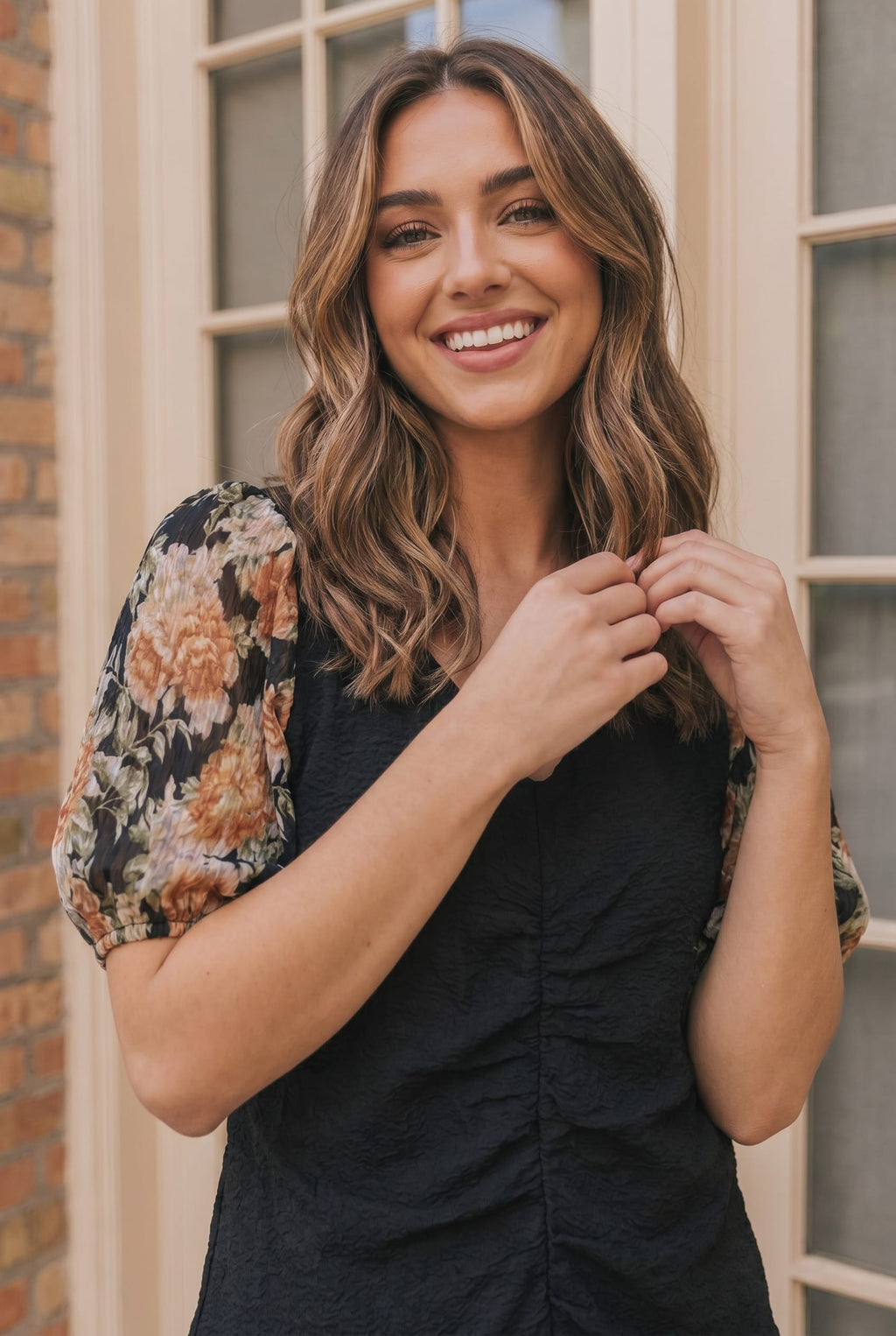 Plus Black Floral Puff Sleeve Top