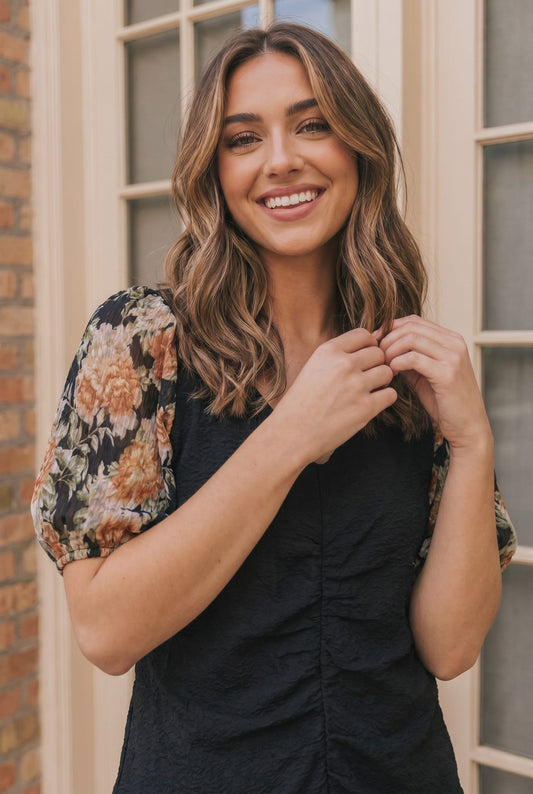 Plus Black Floral Puff Sleeve Top