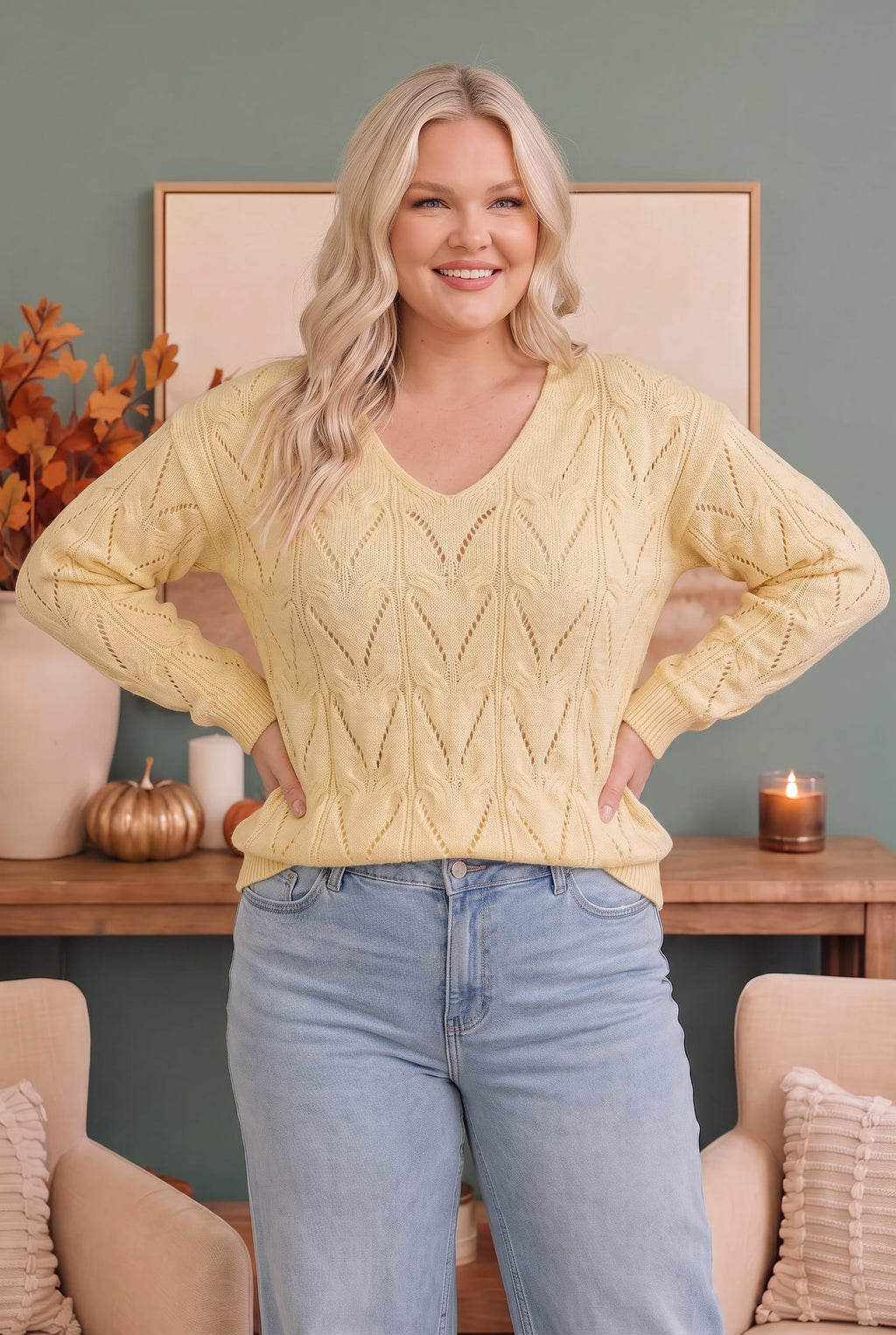 PLUS VANILLA V NECK LONG SLEEVE PATTERNED SOLID SWEATER KNIT TOP