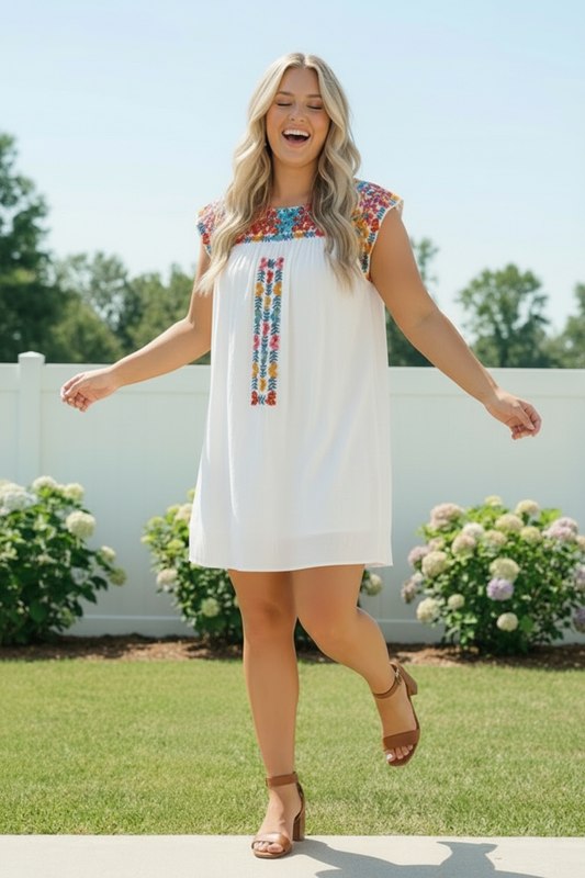 Plus Lined Ivory Embroidered Dress