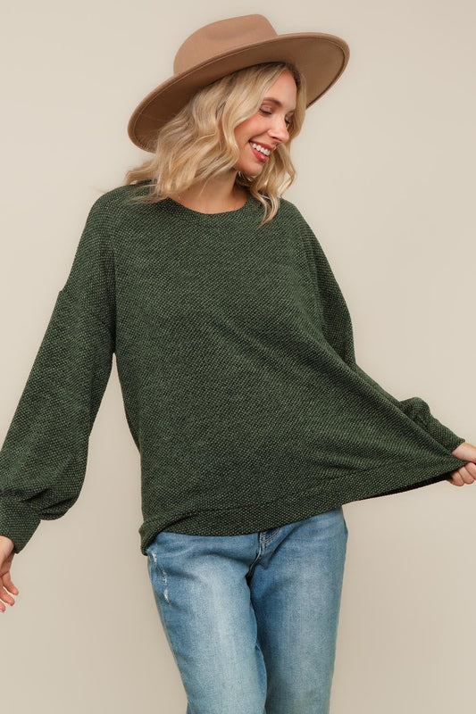 BUBBLE LONG SLEEVE TWO TONE SWEATER KNIT TOP