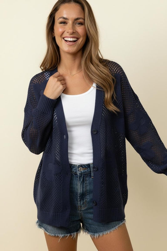 PLUS NAVY BUTTON DOWN NETTED FLOWER JACQUARD CARDIGAN