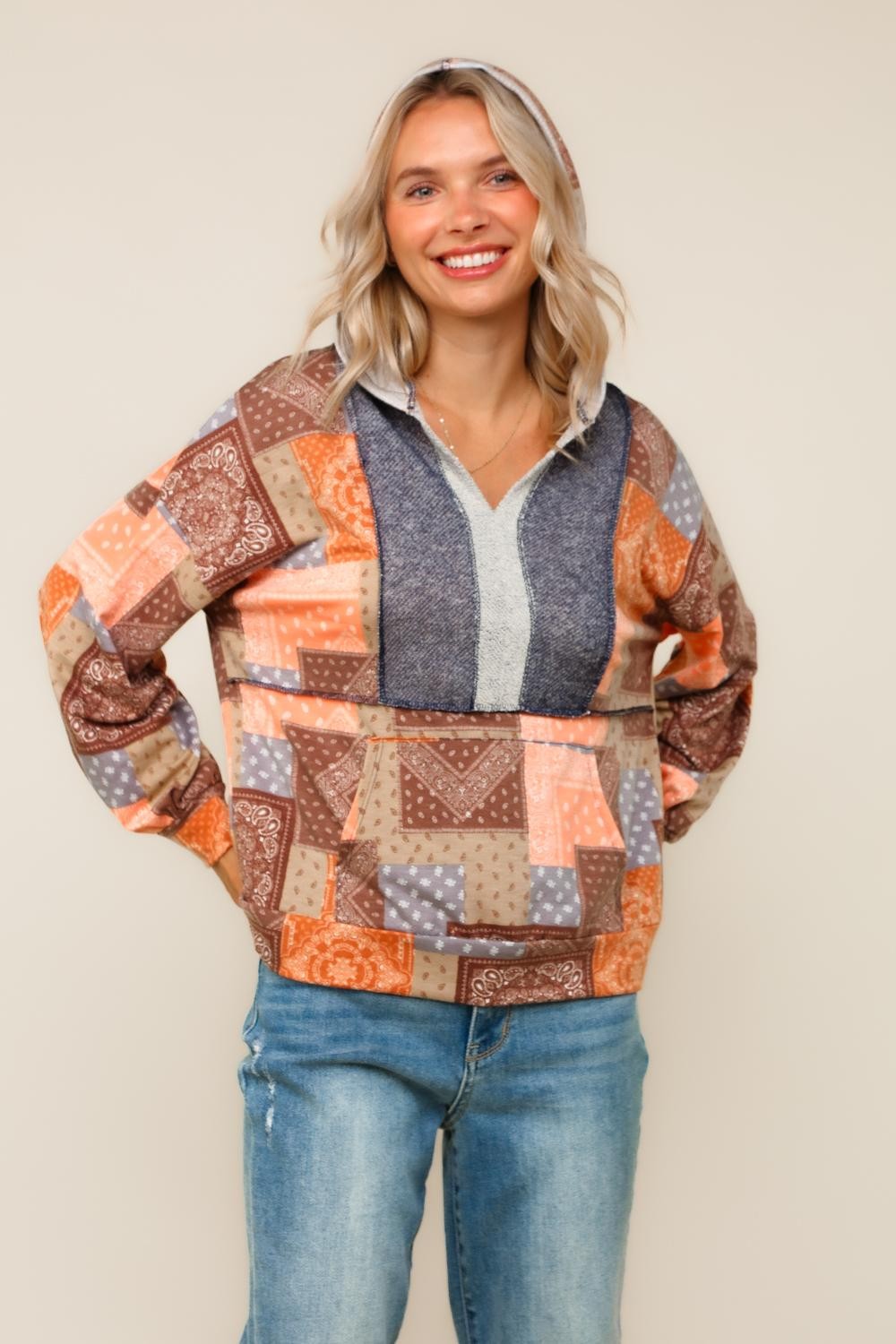 BOHO PATCHWORK TOP W/ HOODIE