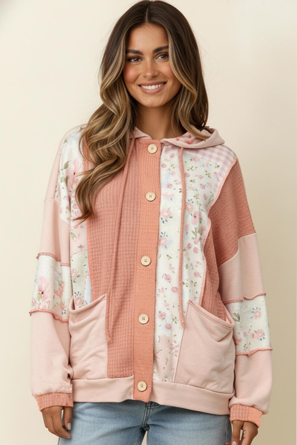 BUTTON WAFFLE FLORAL COLOR BLOCK HOODIE JACKET