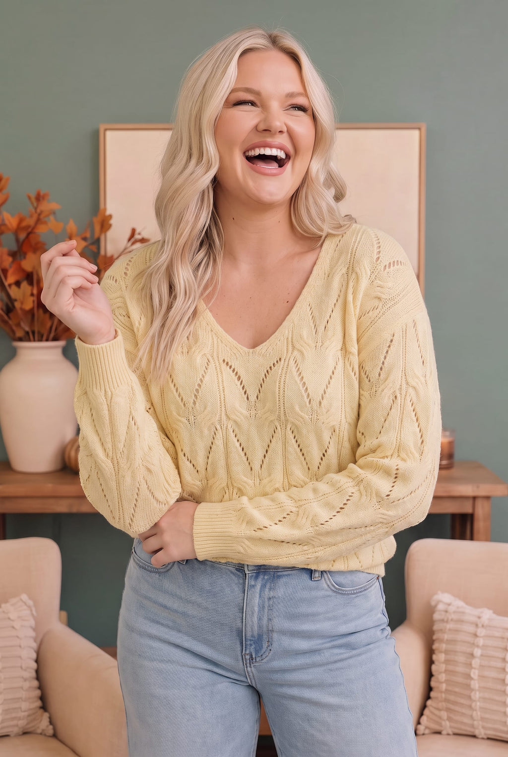 PLUS VANILLA V NECK LONG SLEEVE PATTERNED SOLID SWEATER KNIT TOP