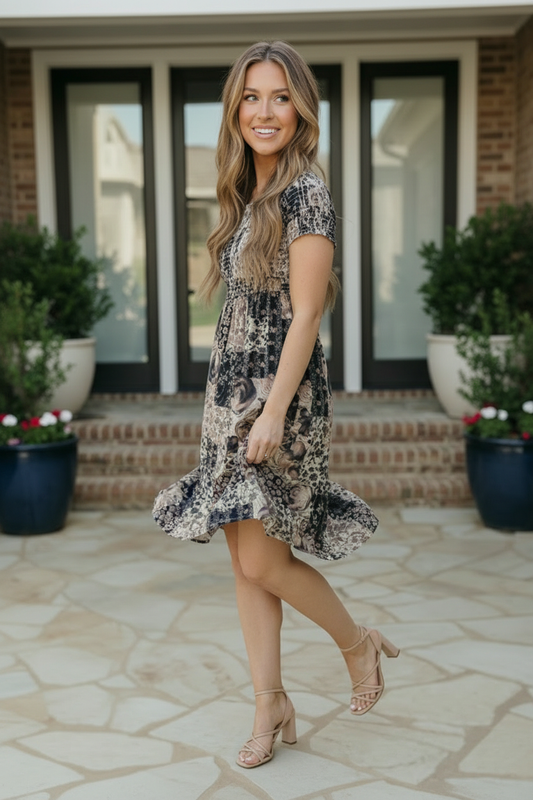 Floral Patchwork Smocked Panel Floral Dress