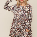 LEOPARD BABYDOLL SWING KNEE LENGTH KNIT DRESS