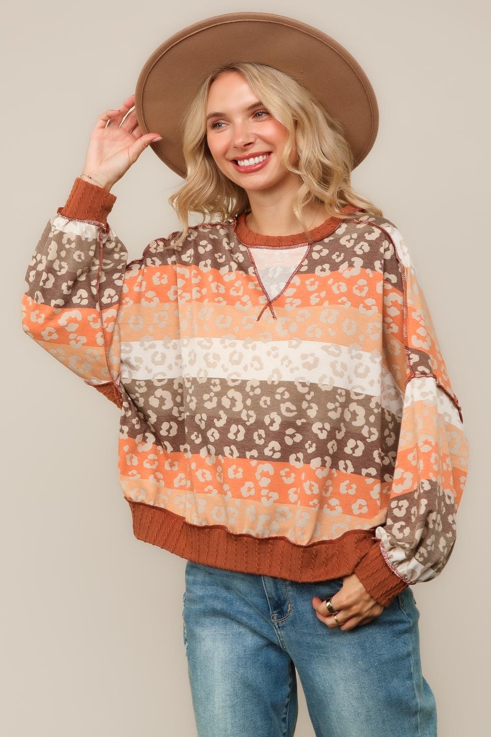CREW NECK COLOR BLOCK PULLOVER KNIT TOP