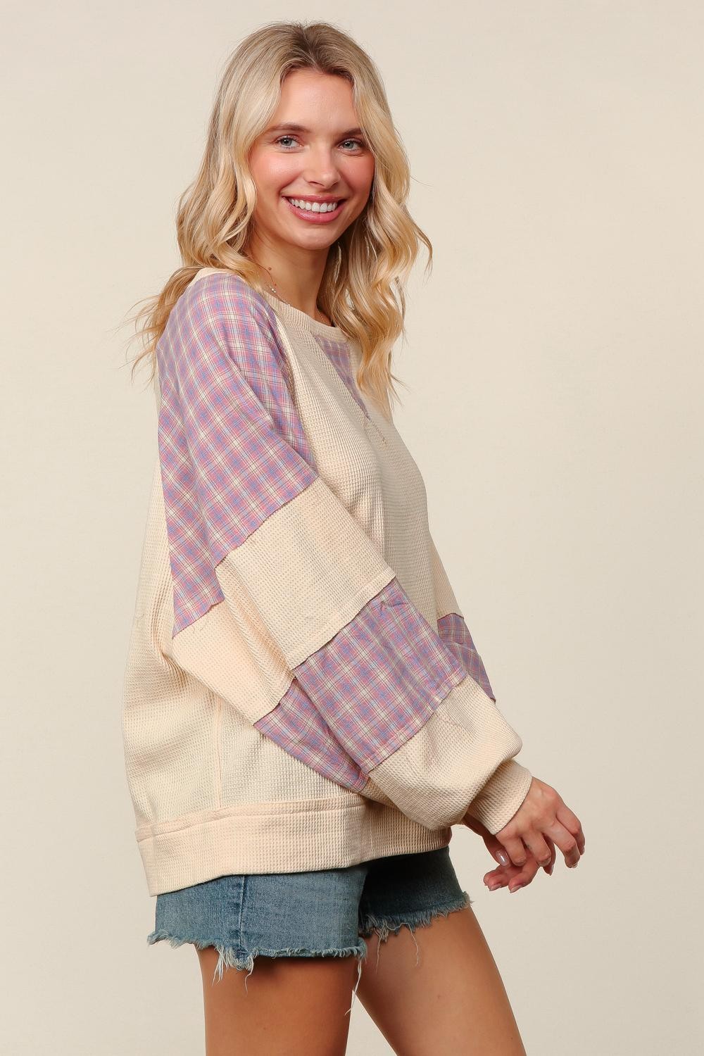THERMAL PLAID WOVEN LOOSE FIT PULLOVER TOP