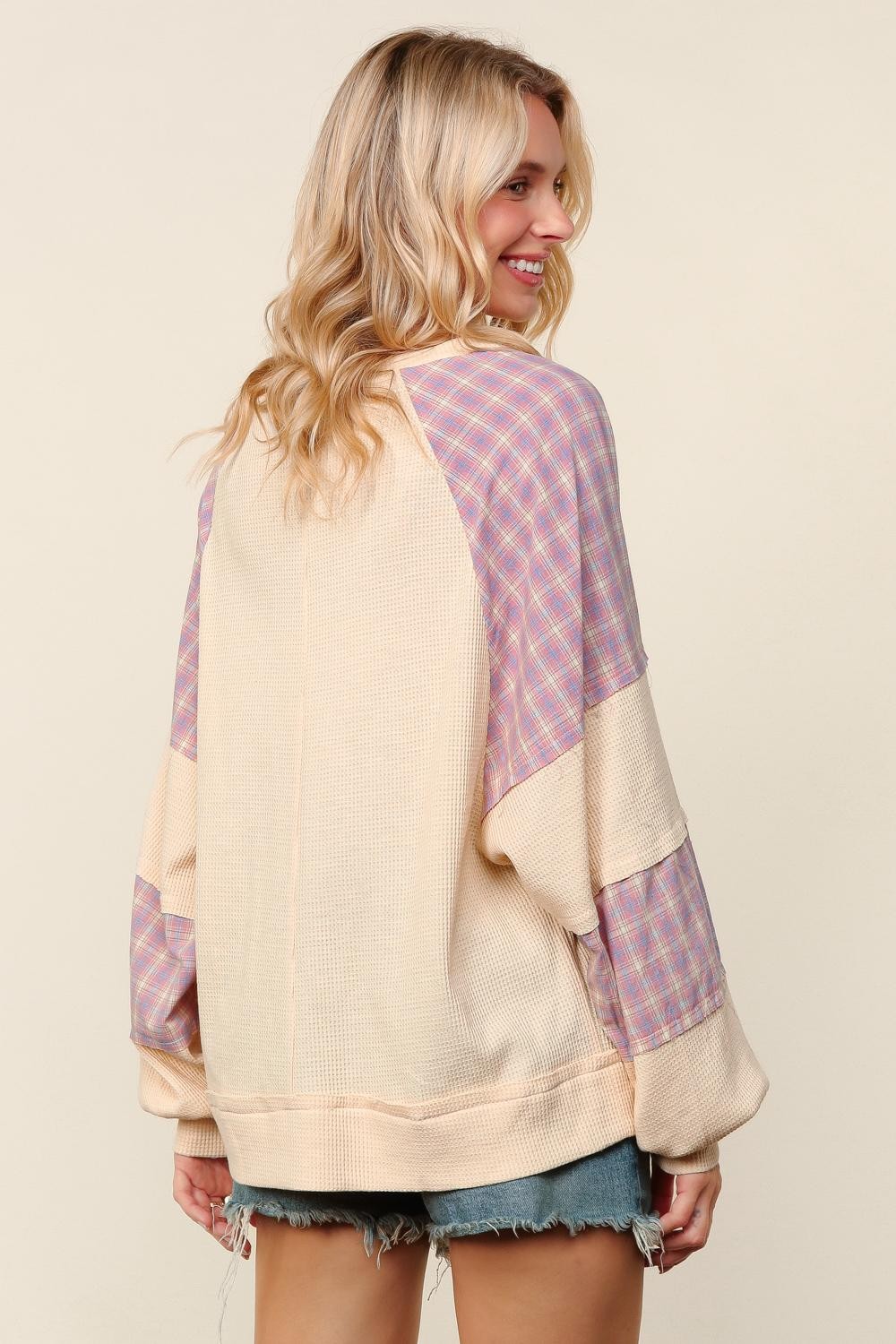 THERMAL PLAID WOVEN LOOSE FIT PULLOVER TOP