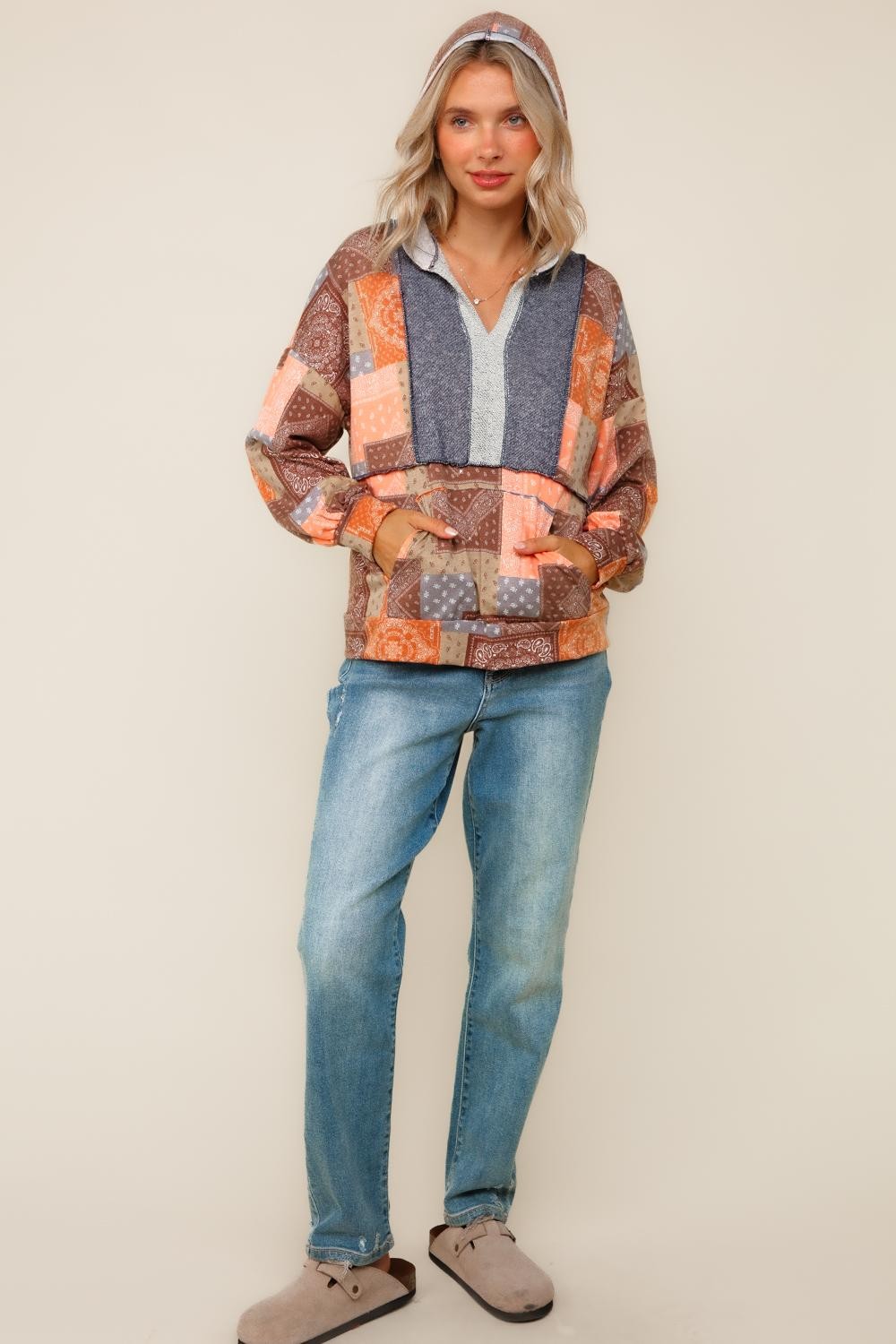 PLUS BOHO PATCHWORK TOP W/ HOODIE