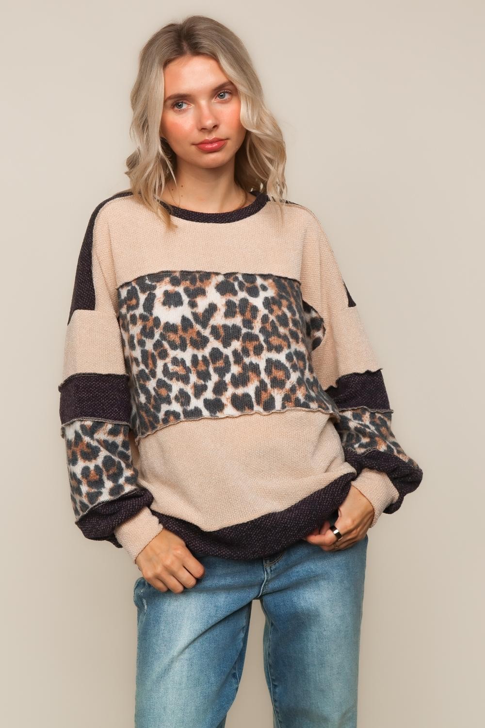 PLUS TWO TONE JACQUARD LOOSE FIT PULLOVER KNIT TOP