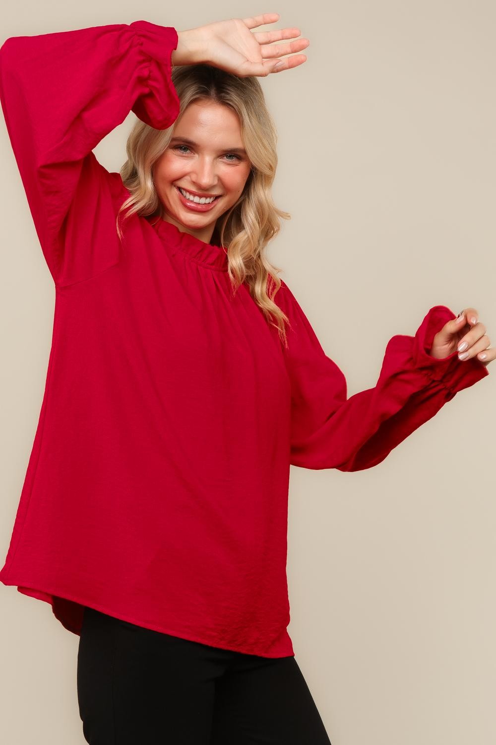PLUS MOCK NECK BUBBLE LONG SLEEVE WOVEN TOP