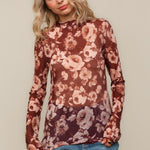 PLUS FLORAL MESH TOP W/FRILLED MERROW HEM